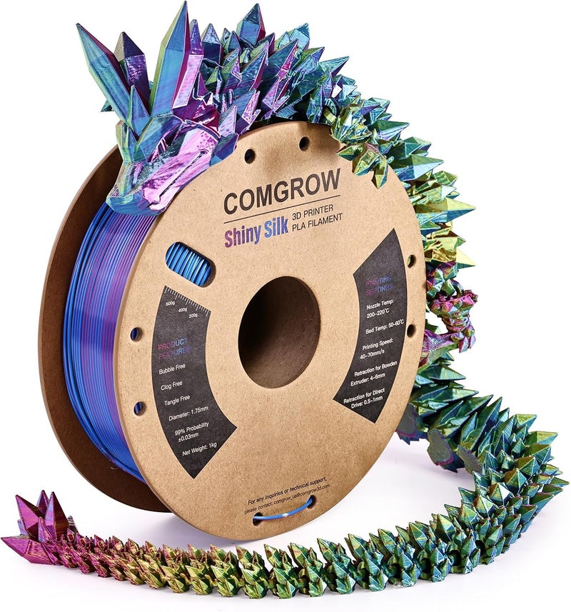 Comgrow Tri-Colors Silk PLA 3D Printer Filament, Rainbow PLA Filament 1.75mm, Dimensional Accuracy +/- 0.02 mm, 1KG Spool, Coextrusion 3D Filament with Shiny Silk Red-Blue-Yellow - Image 1